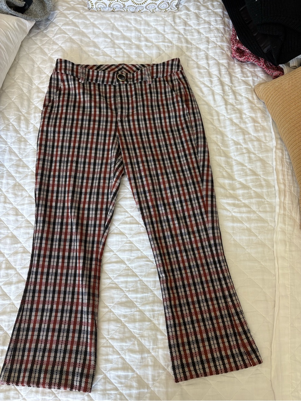 CAbi Plaid Flare Pants in Red, Black & Cream